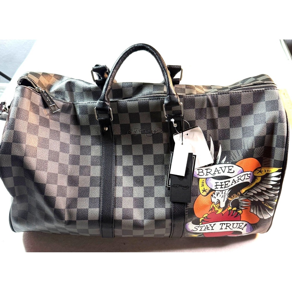 Ed Hardy Duffel Bag Brave Hearts Eagle Checkered Travel Weekender Black Gray NWT